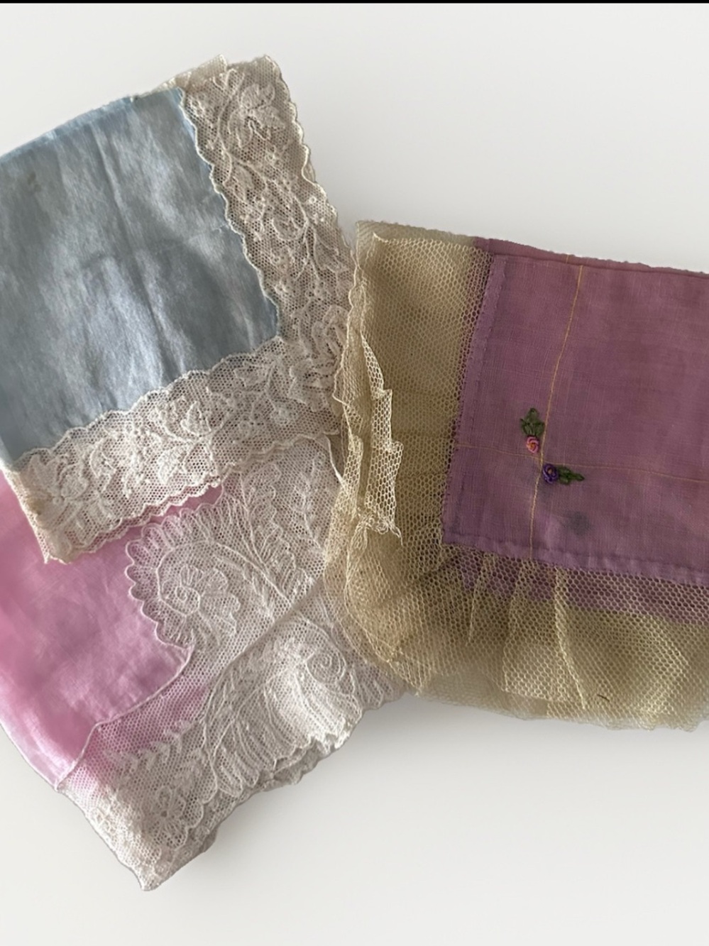 3 ANTIQUE LACE Handkerchief Embroidered pink lilac blue beautiful